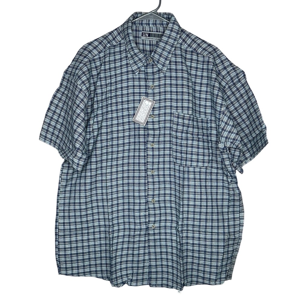 Untied Men's XL Plaid Button-Down Shirt Blue White Short Sleeve Cotton Woven Y2K